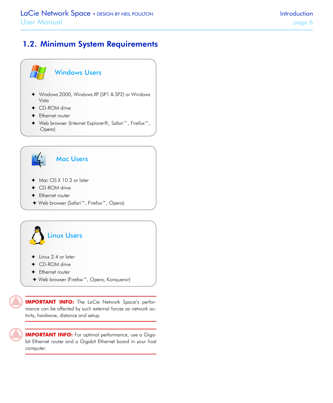 LaCie Network Space user manual Minimum System Requirements, Windows Users, Mac Users, Linux Users 