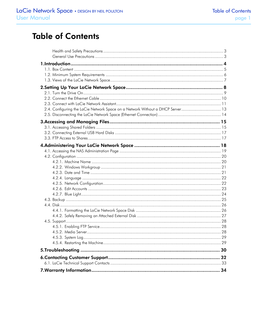 LaCie Network Space user manual Table of Contents, page, Accessing and Managing Files, Troubleshooting 
