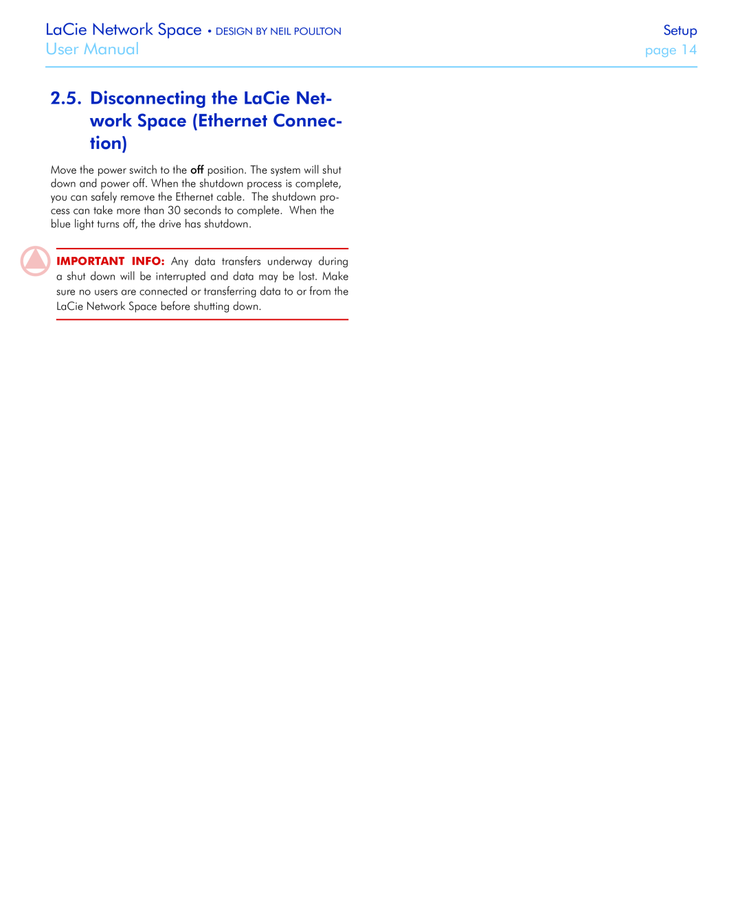 LaCie Network Space user manual Disconnecting the LaCie Net- work Space Ethernet Connec- tion, User Manual, Setup, page 