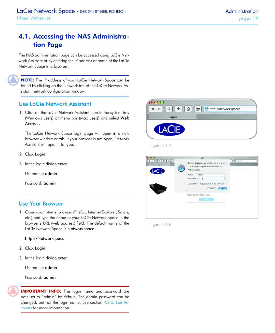 LaCie Network Space Accessing the NAS Administra- tion Page, Use LaCie Network Assistant, Use Your Browser, 1-A .1-B, page 