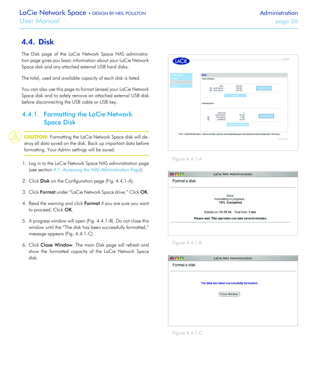LaCie user manual Formatting the LaCie Network Space Disk, 4.1-A .4.1-B, 4.1-C, User Manual, Administration, page 