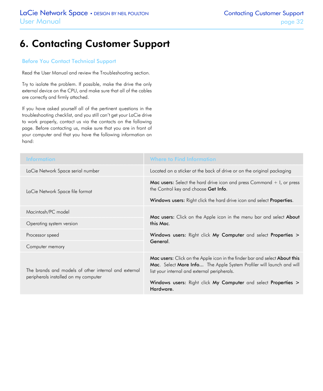 LaCie Network Space Contacting Customer Support, Before You Contact Technical Support, Information, User Manual, page 
