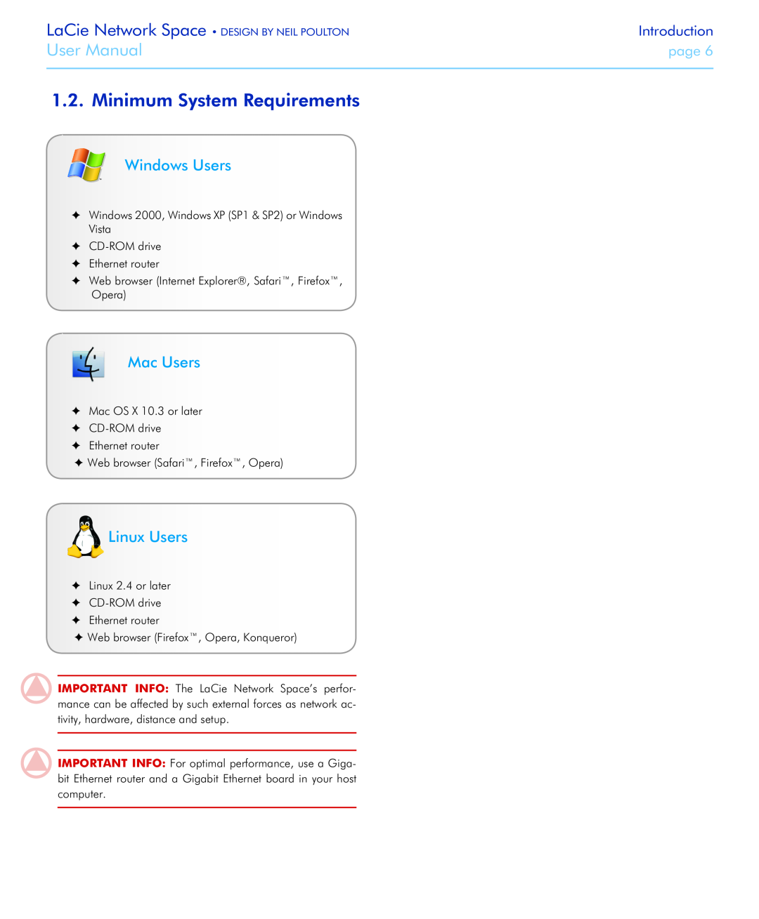 LaCie Network Space Minimum System Requirements, Windows Users, Mac Users, Linux Users, User Manual, Introduction, page 