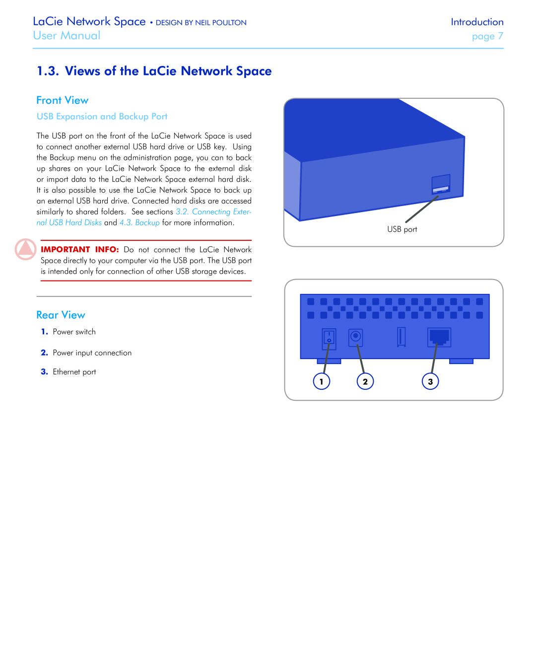 LaCie Views of the LaCie Network Space, Front View, Rear View, USB Expansion and Backup Port, User Manual, Introduction 
