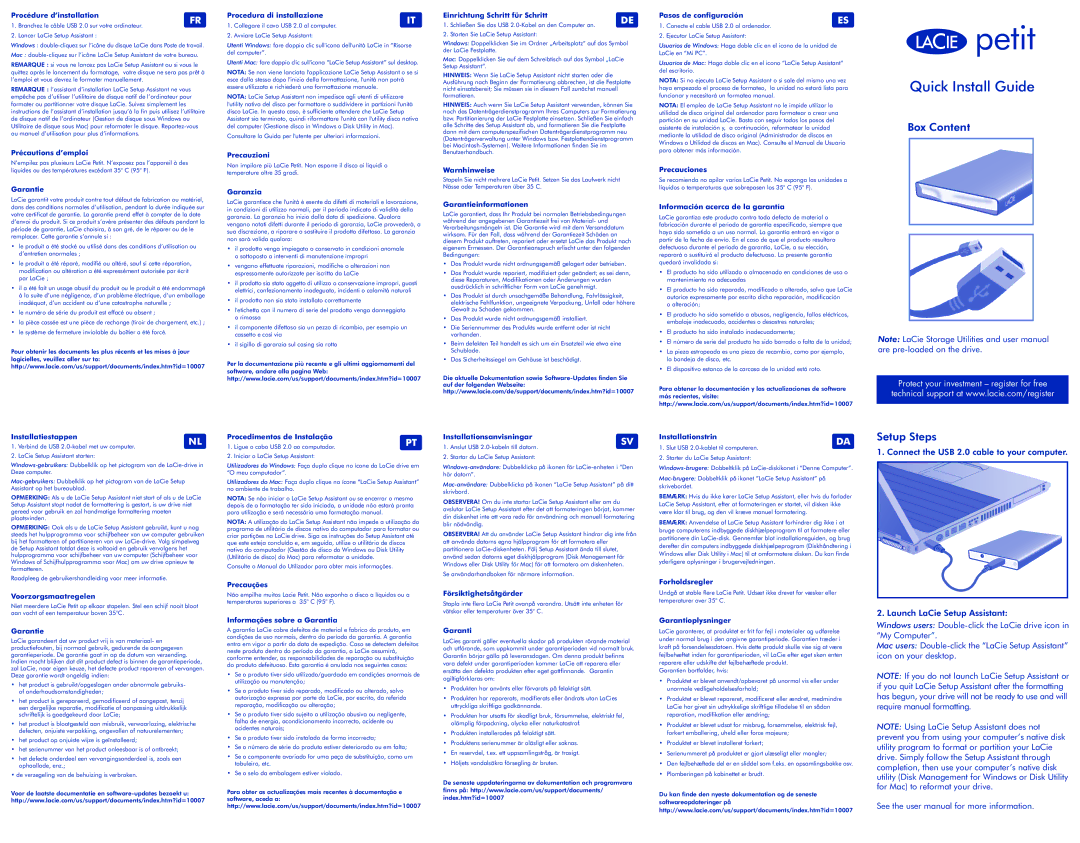 LaCie Petit user manual Procédure d’installation, Précautions d’emploi, Garantie, Procedura di installazione, Precauzioni 