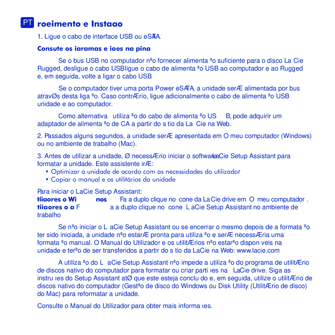 LaCie Rugged eSata manual PT Procedimento de Instalação, Consulte os diagramas de ligações na página 