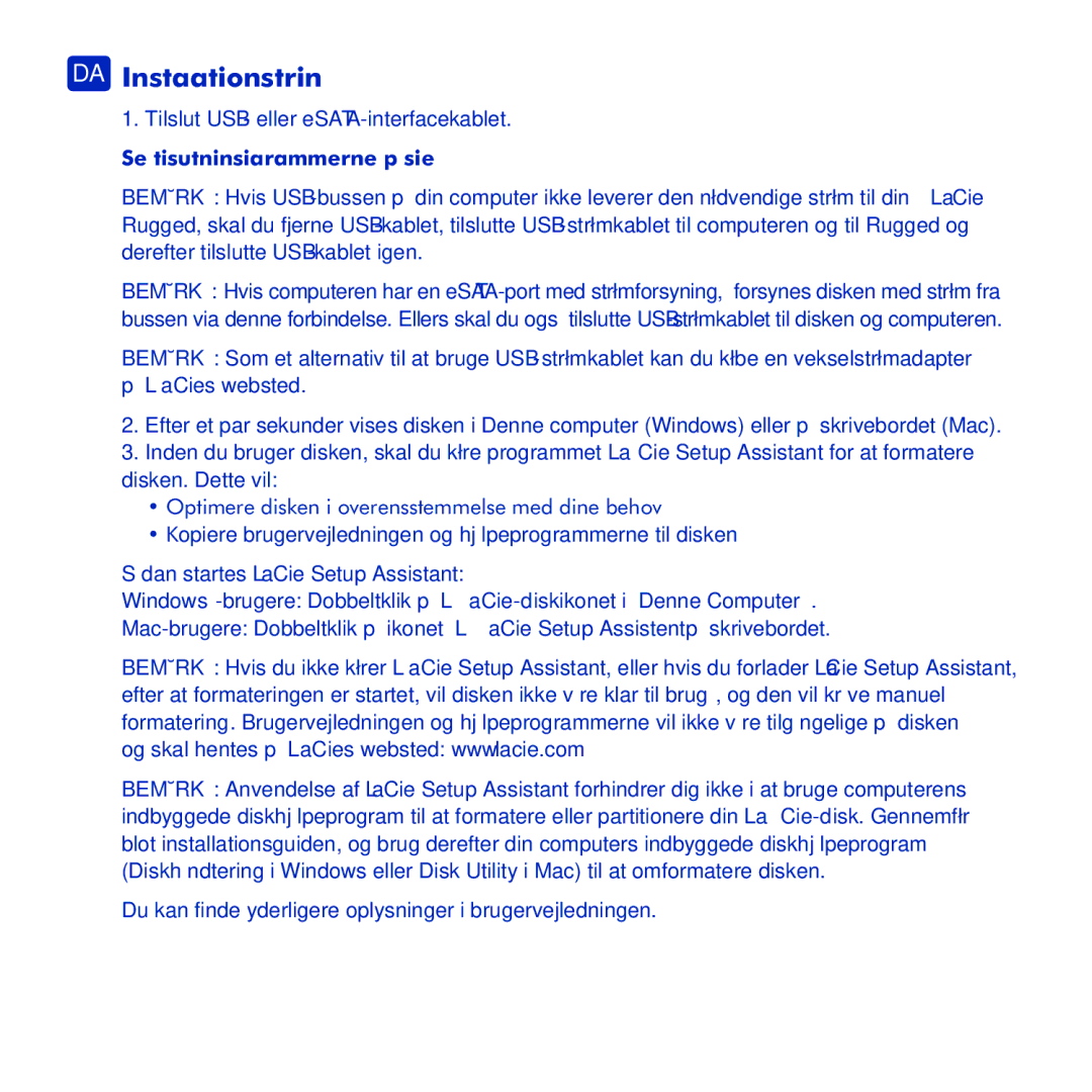 LaCie Rugged eSata manual DA Installationstrin, Se tilslutningsdiagrammerne på side 