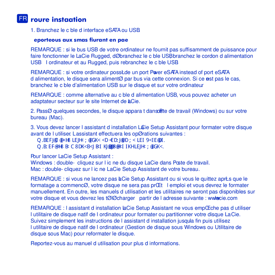 LaCie Rugged eSata manual FR Procédure d’installation, Reportez-vous aux schémas figurant en 