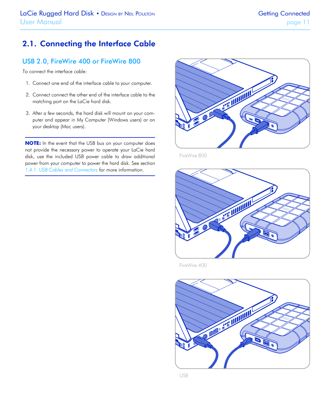 LaCie Rugged Hard Disk user manual Connecting the Interface Cable, USB 2.0, FireWire 400 or FireWire 