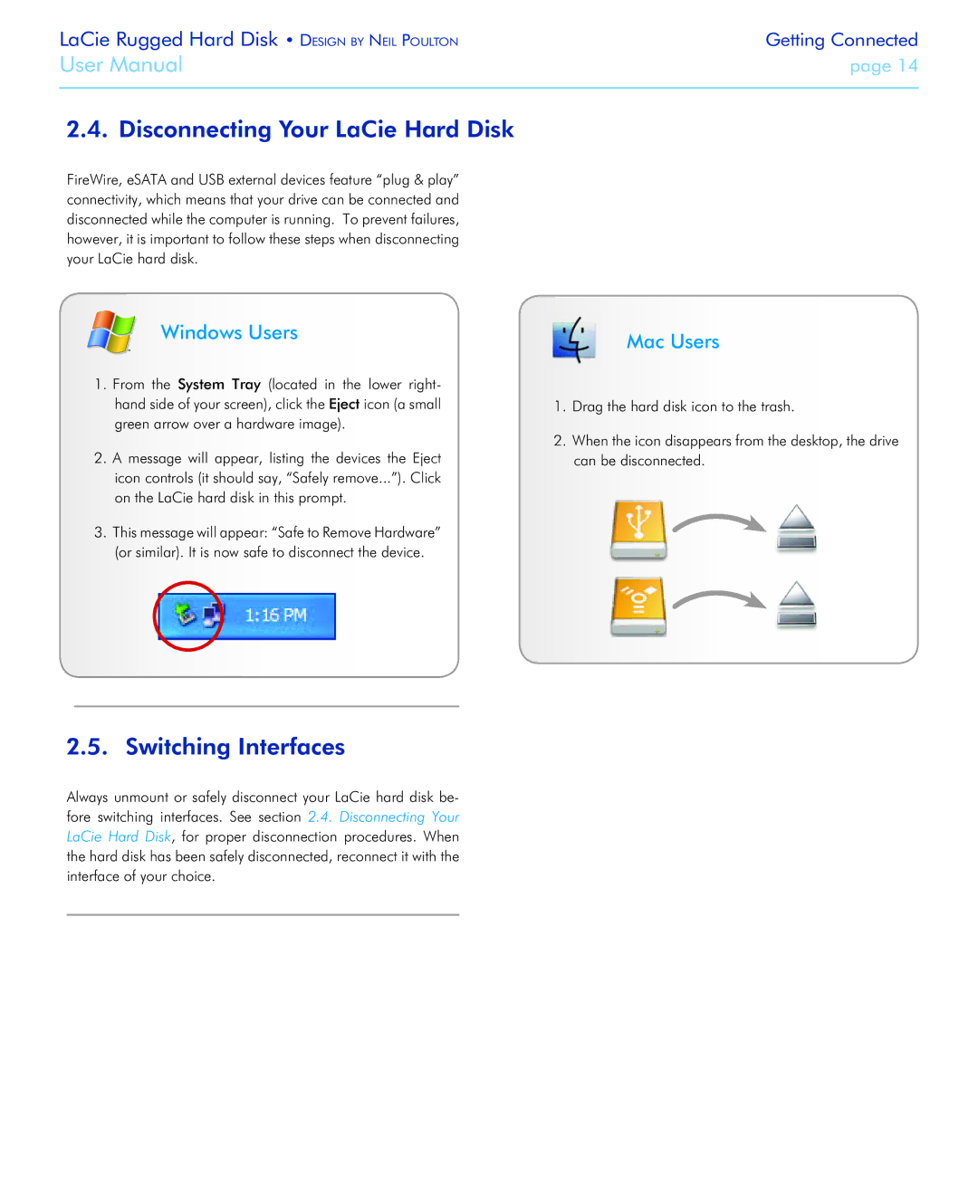 LaCie Rugged Hard Disk user manual Disconnecting Your LaCie Hard Disk, Switching Interfaces 