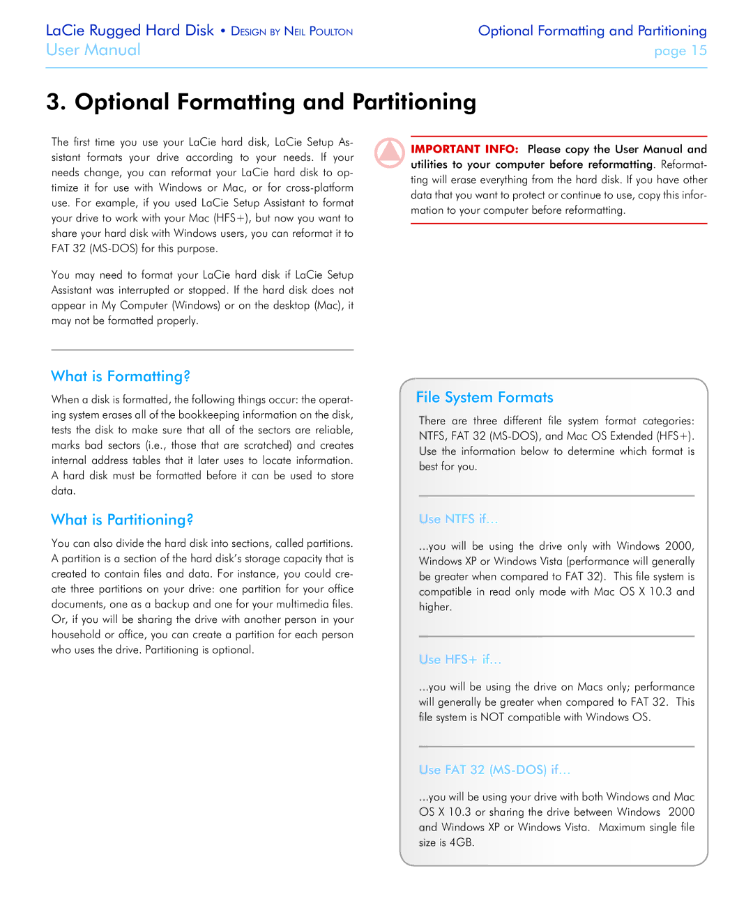 LaCie Rugged Hard Disk user manual Optional Formatting and Partitioning, What is Formatting?, File System Formats 