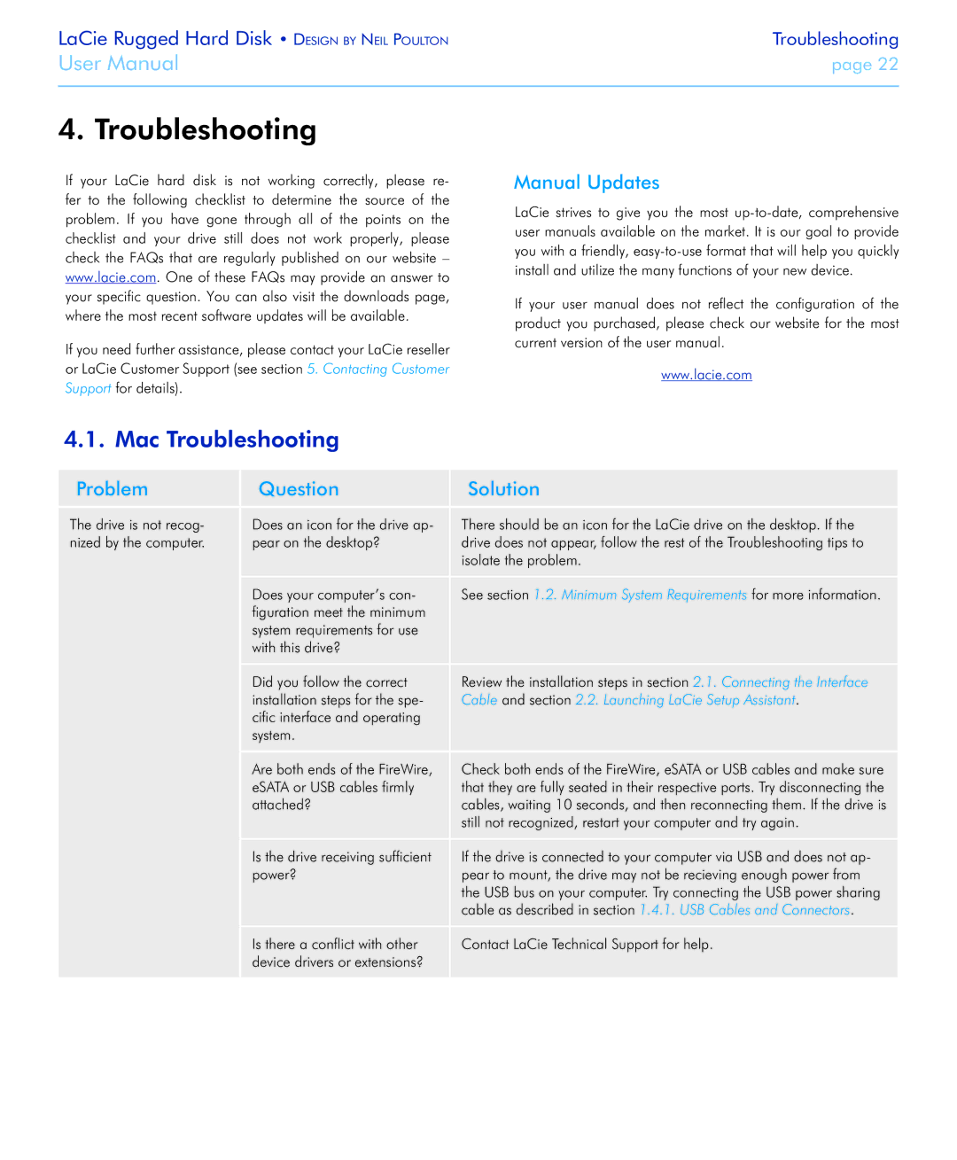 LaCie Rugged Hard Disk user manual Mac Troubleshooting, Manual Updates, Problem Question Solution 