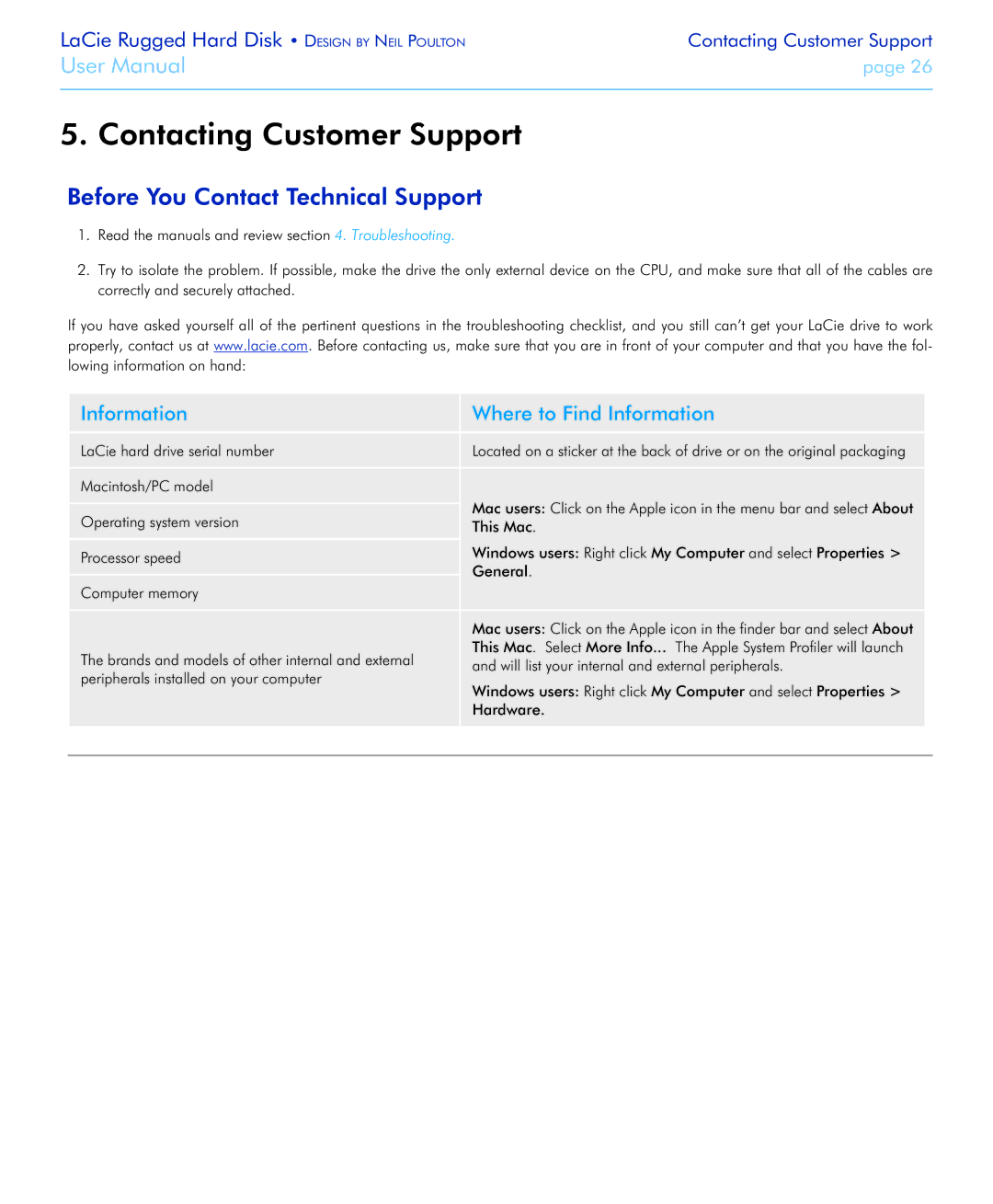 LaCie Rugged Hard Disk user manual Contacting Customer Support, Before You Contact Technical Support 