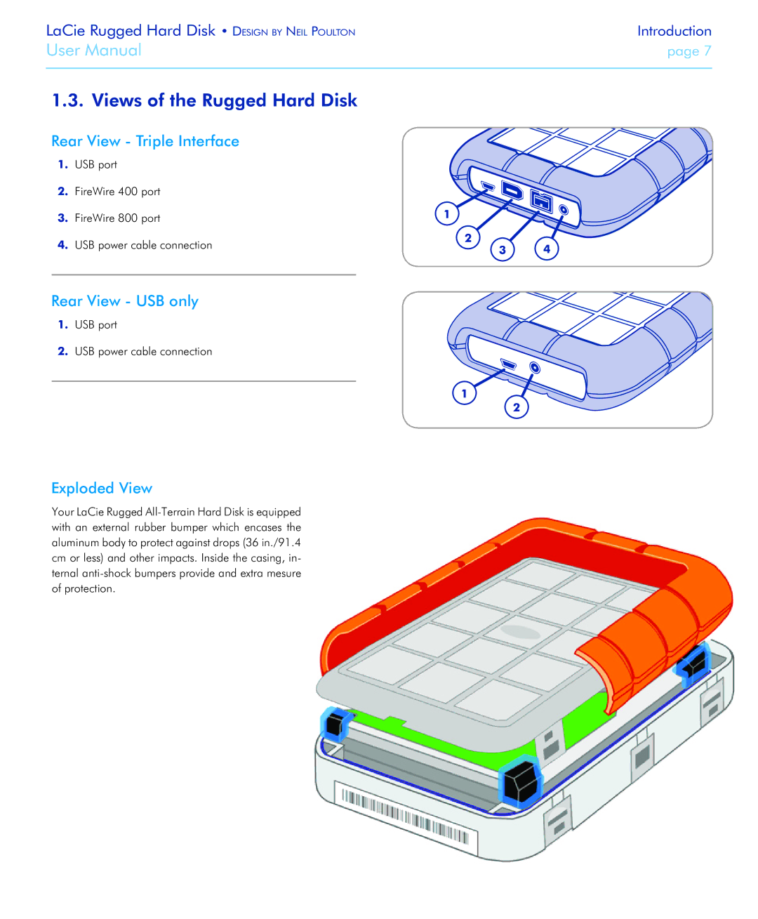 LaCie user manual Views of the Rugged Hard Disk, Rear View Triple Interface, Rear View USB only, Exploded View 