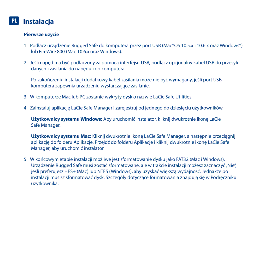 LaCie Rugged Safe manual PL Instalacja, Pierwsze użycie 
