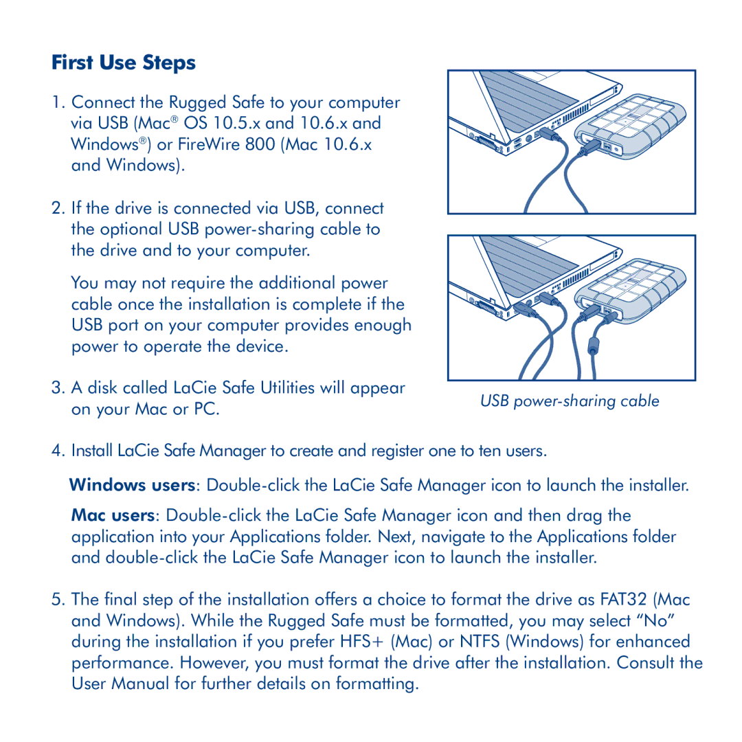 LaCie Rugged Safe manual First Use Steps, USB power-sharing cable 