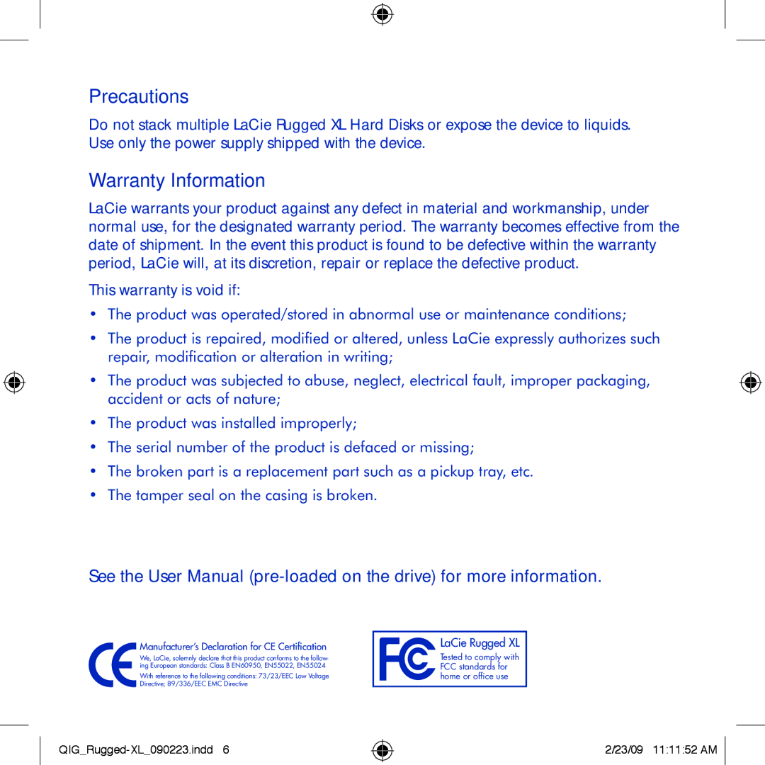 LaCie rugged XL manual Precautions 