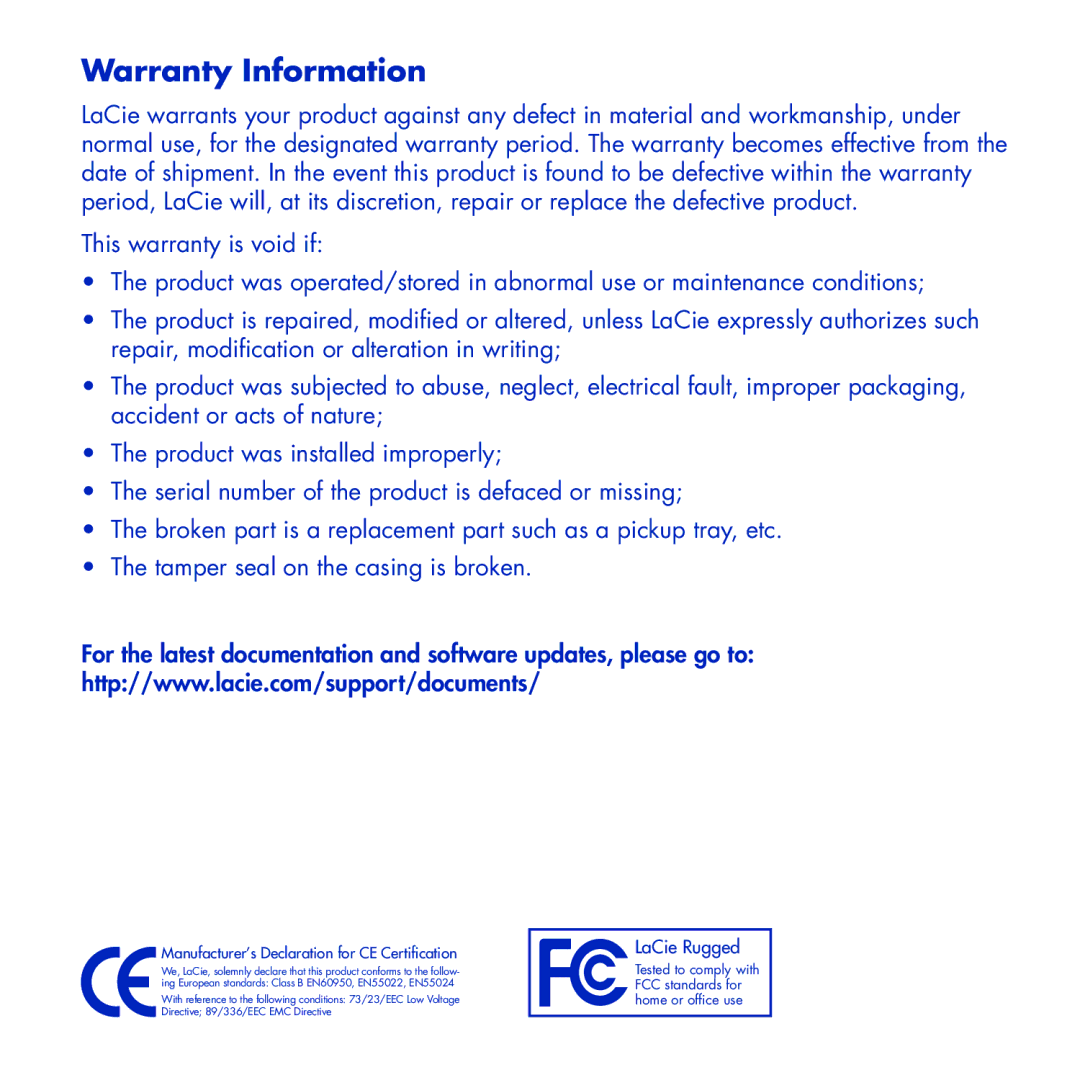 LaCie Rugged manual Warranty Information, Manufacturer’s Declaration for CE Certification 