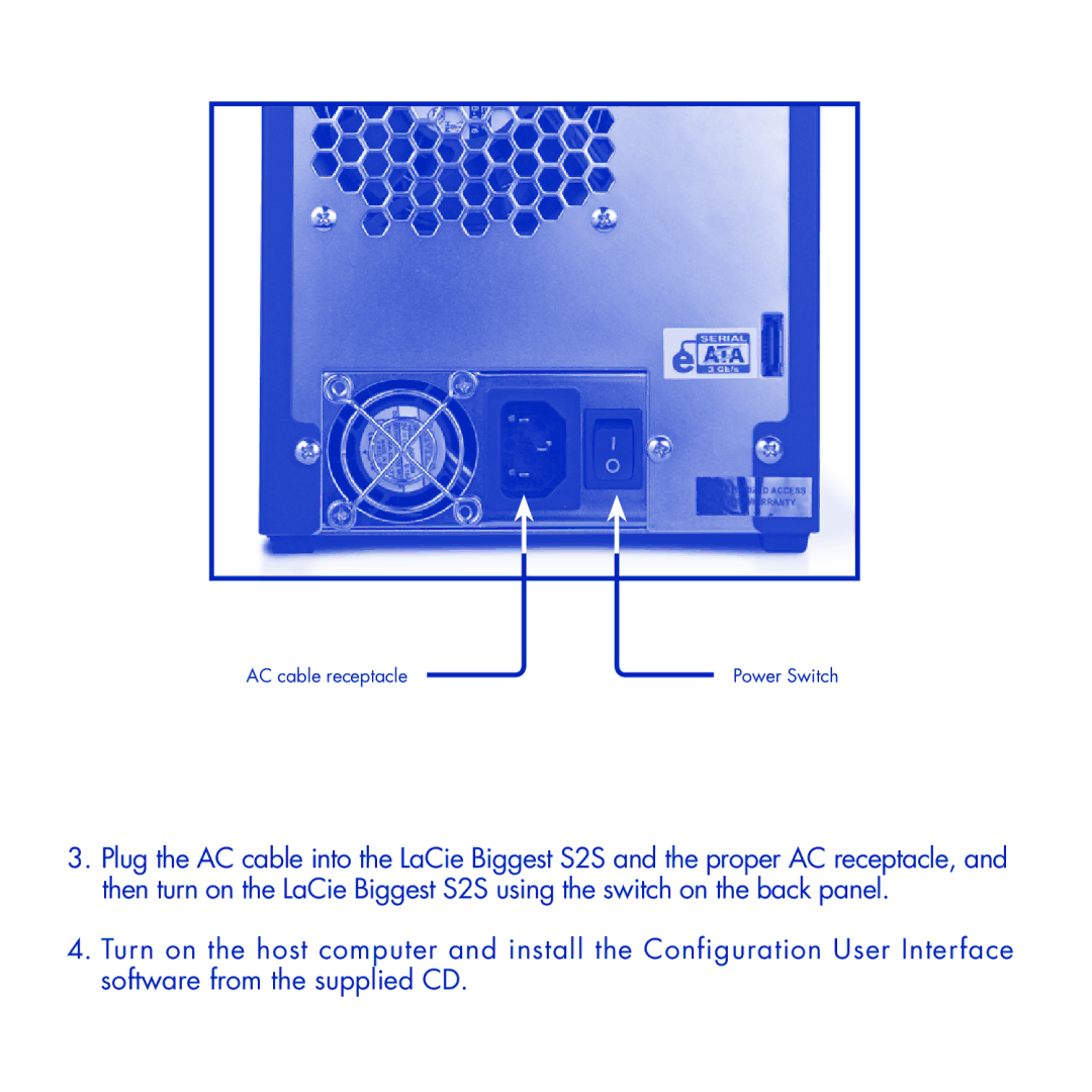 LaCie S2S manual AC cable receptacle Power Switch 