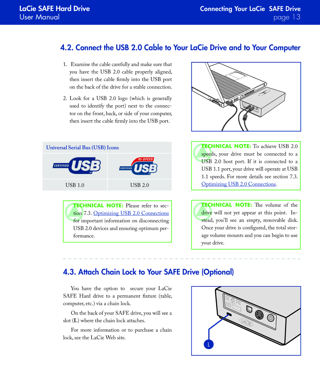 LaCie SAFE manual Attach Chain Lock to Your Safe Drive Optional, Universal Serial Bus USB Icons 