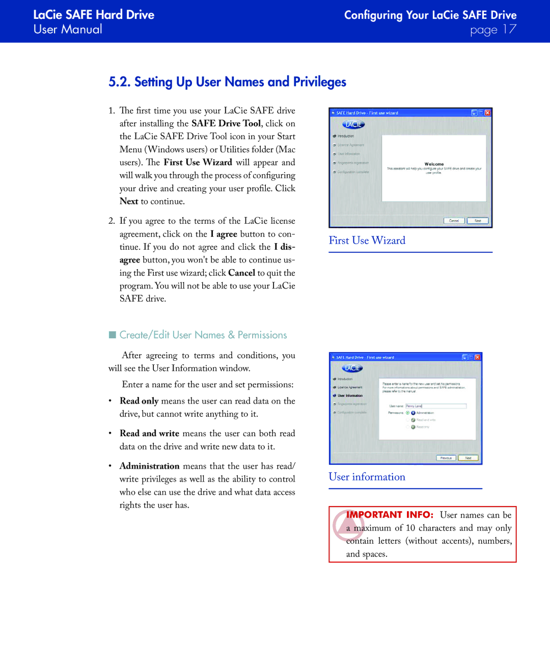 LaCie SAFE manual Setting Up User Names and Privileges, Create/Edit User Names & Permissions 