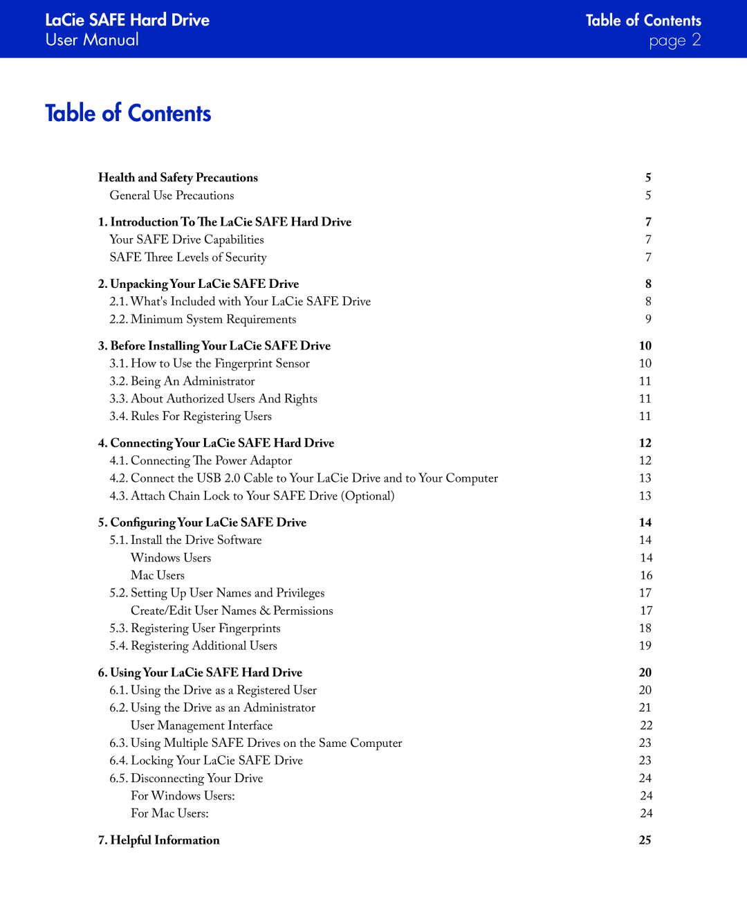 LaCie SAFE manual Table of Contents 