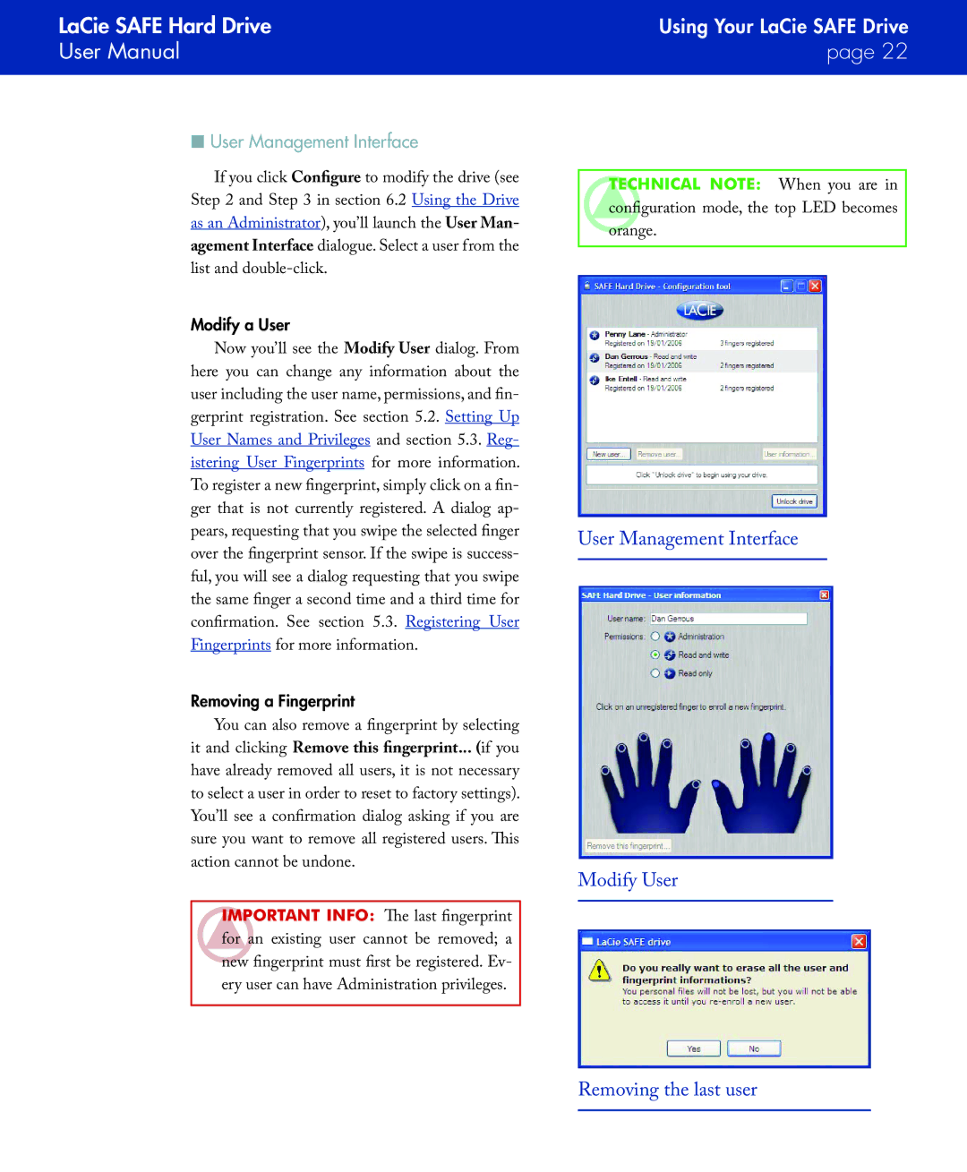 LaCie SAFE manual User Management Interface, Modify a User, Removing a Fingerprint 