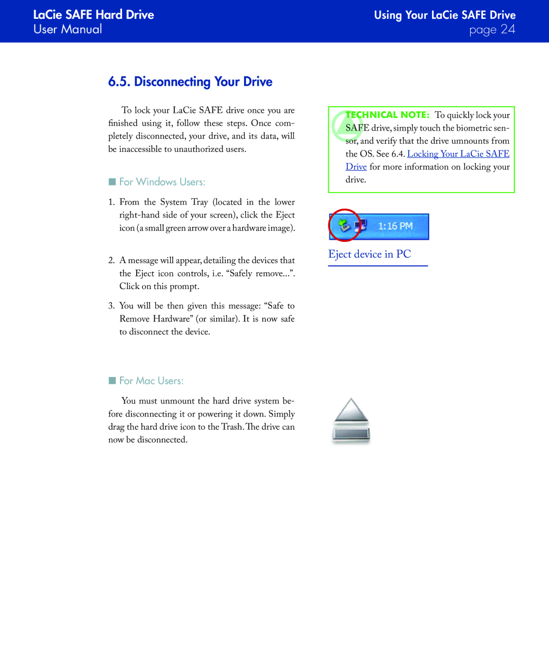 LaCie SAFE manual Disconnecting Your Drive, For Windows Users, For Mac Users 