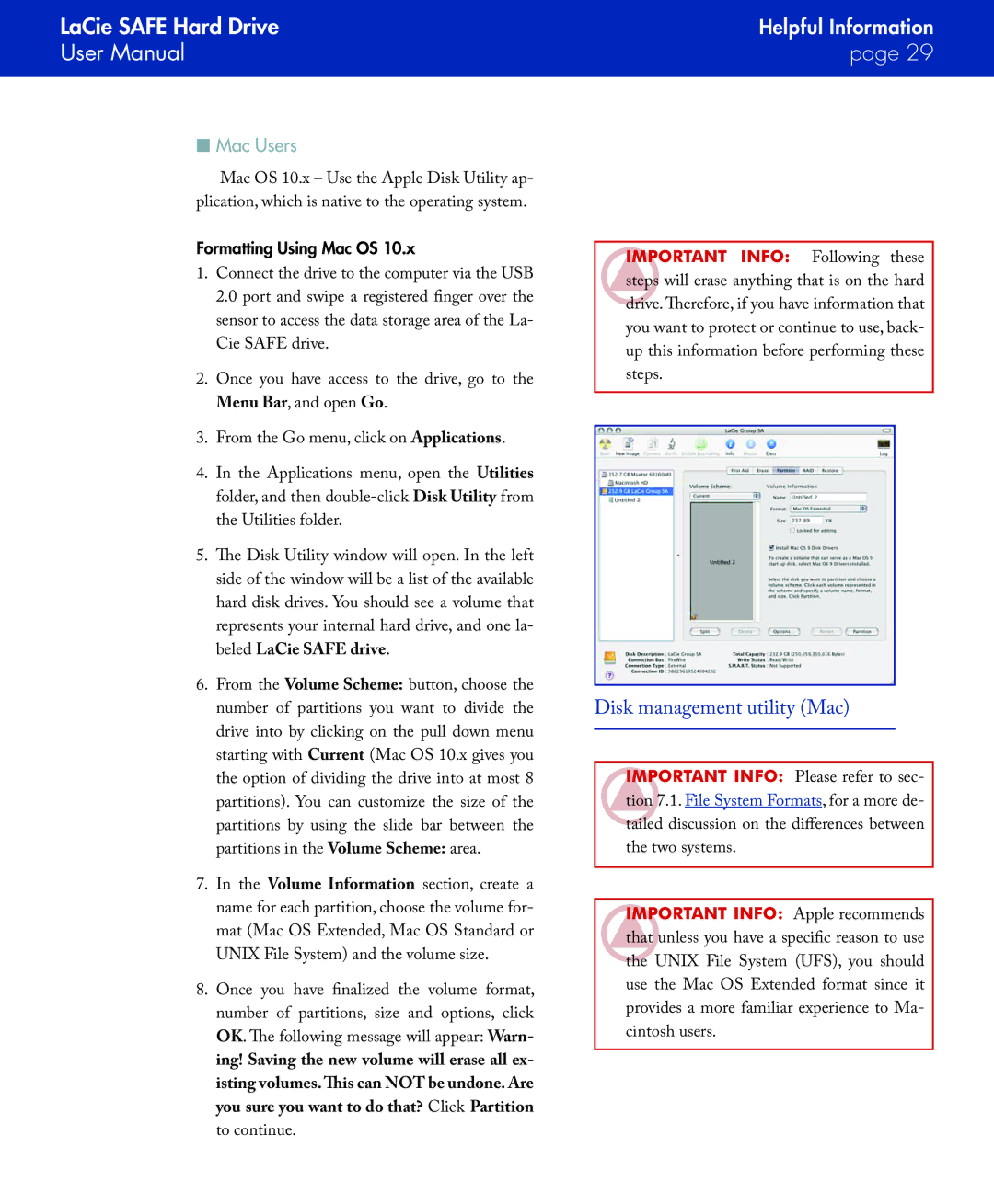 LaCie SAFE manual Disk management utility Mac, Formatting Using Mac OS 