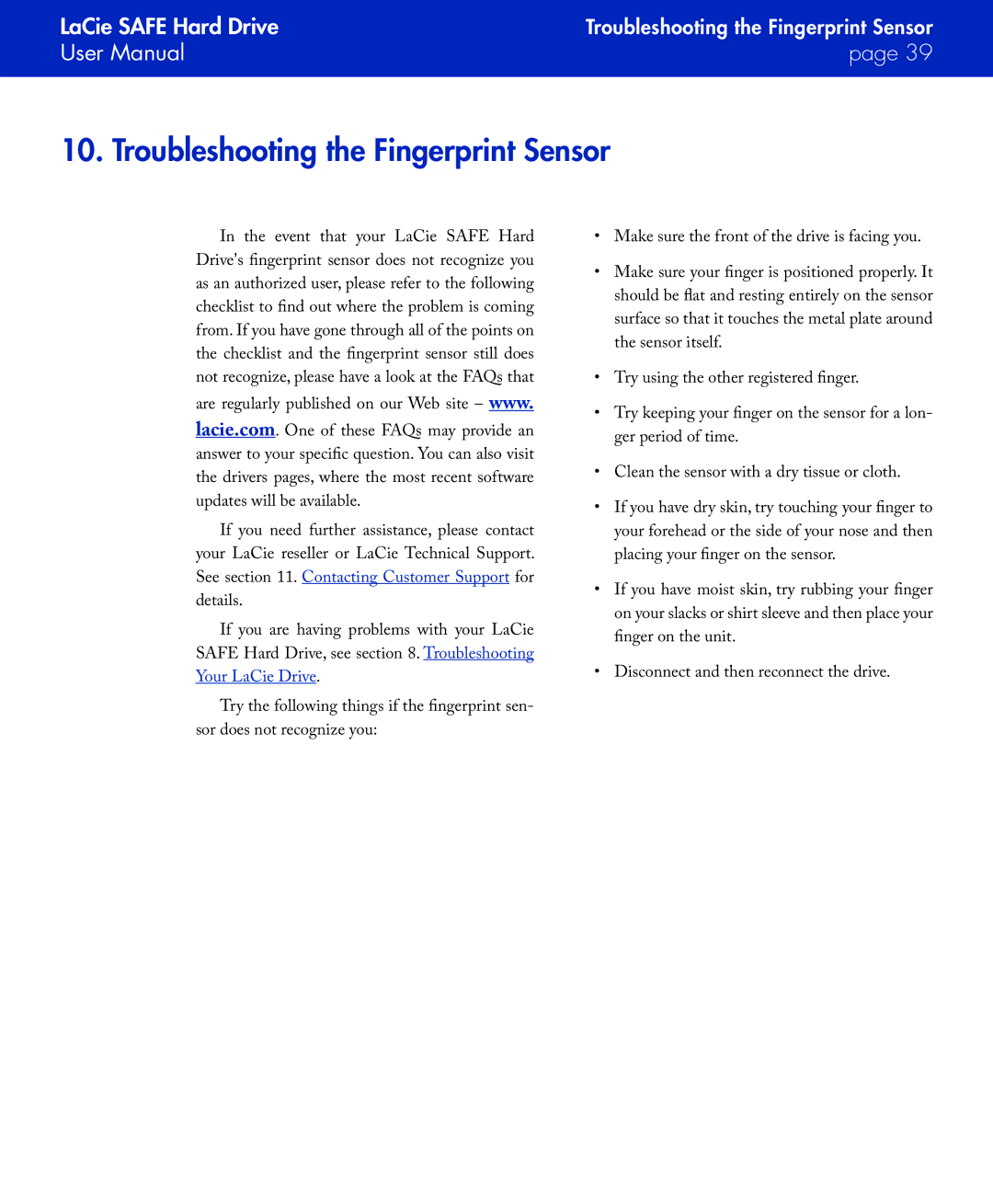 LaCie SAFE manual Troubleshooting the Fingerprint Sensor 