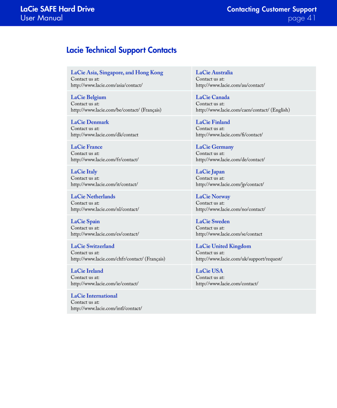 LaCie SAFE manual Lacie Technical Support Contacts 