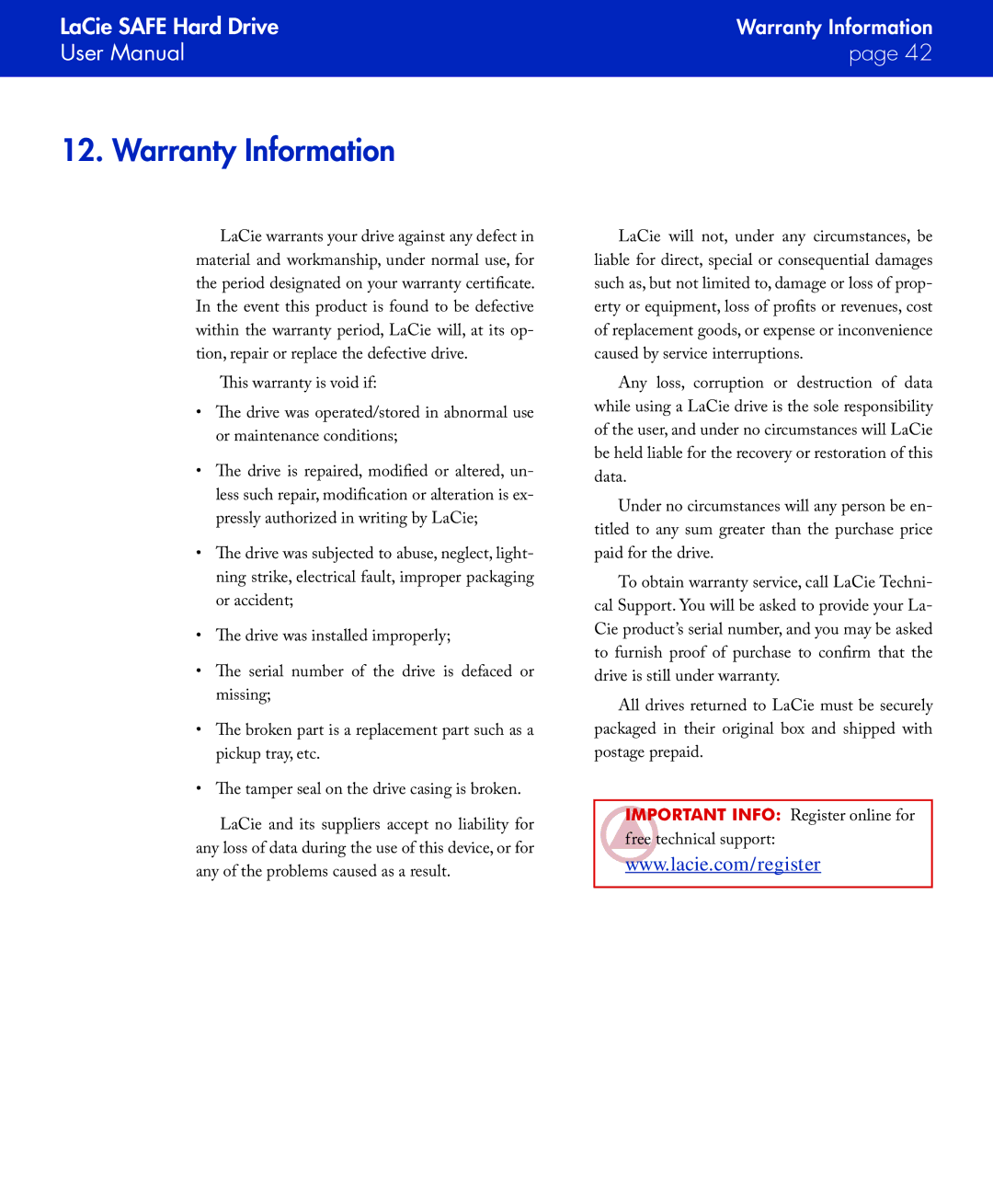 LaCie SAFE manual Warranty Information 