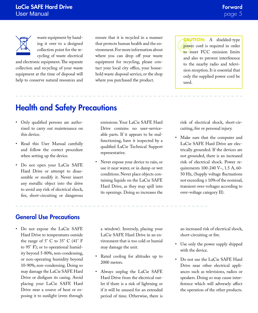 LaCie SAFE manual Health and Safety Precautions, General Use Precautions 