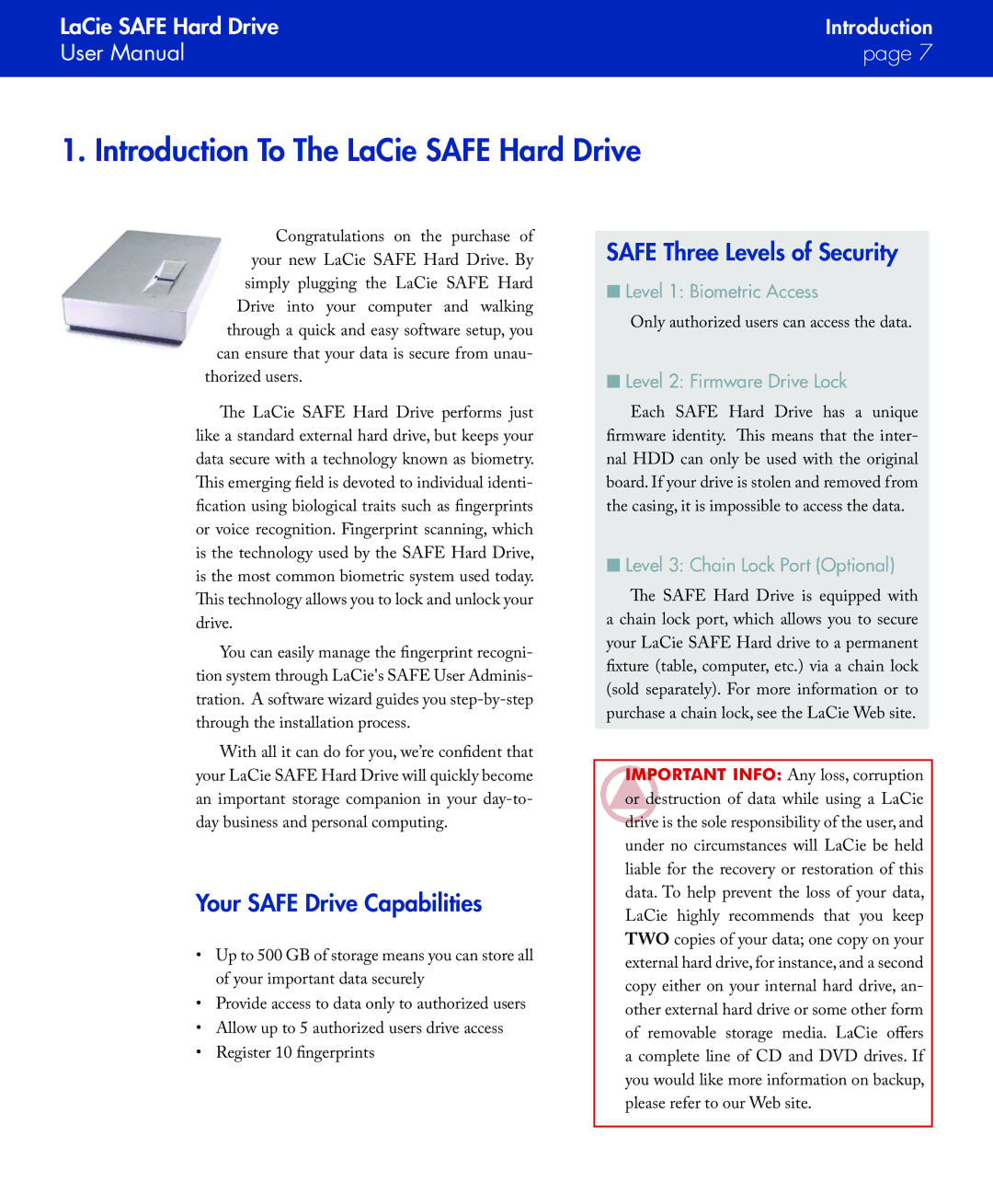 LaCie SAFE manual Introduction To The LaCie Safe Hard Drive, Your Safe Drive Capabilities, Safe Three Levels of Security 