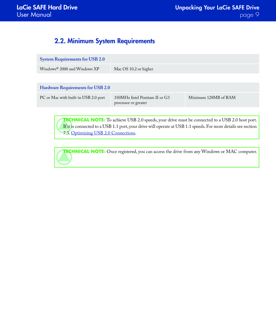 LaCie SAFE manual Minimum System Requirements, Hardware Requirements for USB 