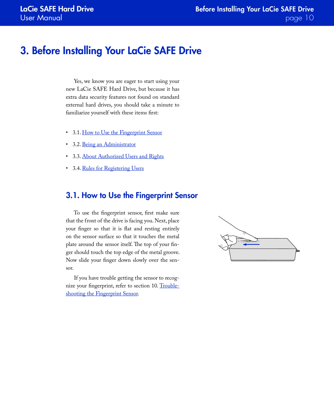 LaCie Before Installing Your LaCie SAFE Drive, How to Use the Fingerprint Sensor, page, Rules for Registering Users 