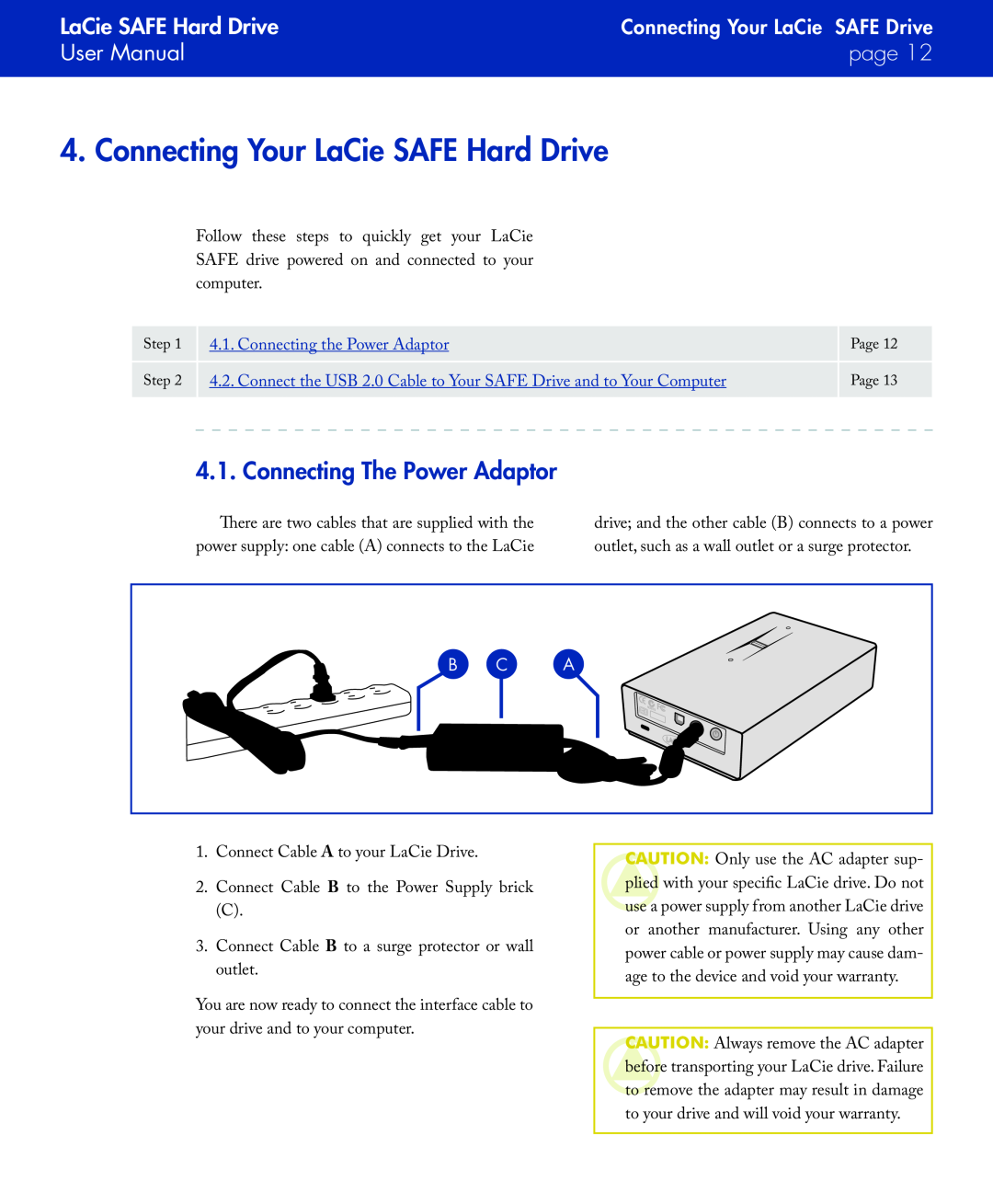 LaCie manual Connecting Your LaCie SAFE Hard Drive, Connecting The Power Adaptor, Connecting Your LaCie SAFE Drive, page 