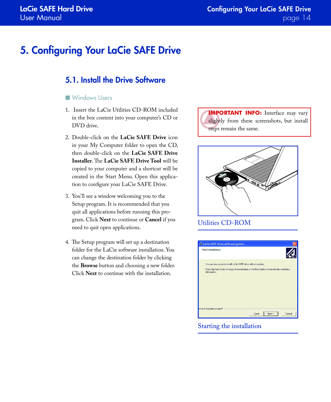 LaCie Configuring Your LaCie SAFE Drive, Install the Drive Software, Utilities CD-ROM, Starting the installation, page 