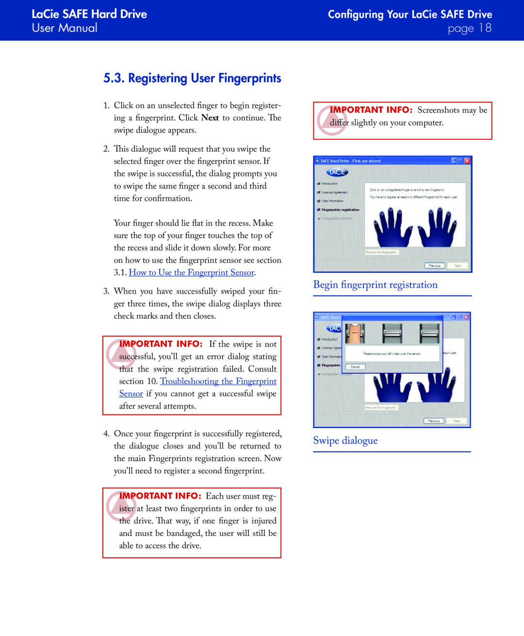 LaCie Registering User Fingerprints, Begin fingerprint registration Swipe dialogue, LaCie SAFE Hard Drive User Manual 