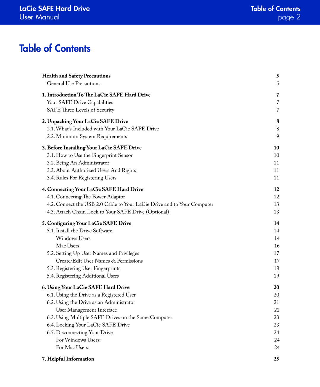 LaCie Table of Contents, LaCie SAFE Hard Drive, User Manual, page , Health and Safety Precautions, Helpful Information 