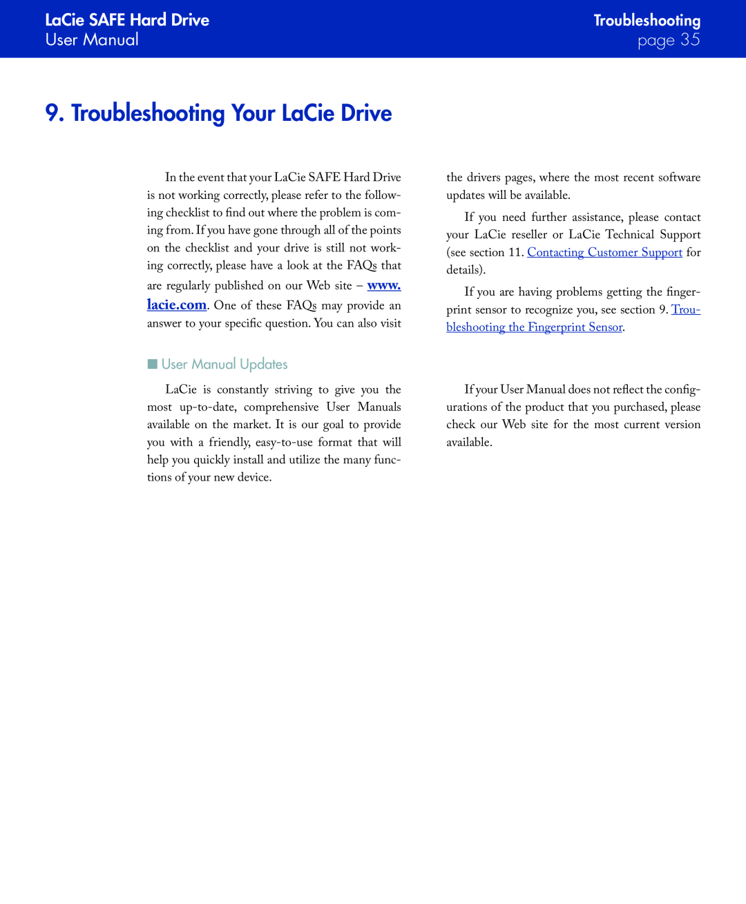 LaCie manual Troubleshooting Your LaCie Drive, n User Manual Updates, LaCie SAFE Hard Drive, page 