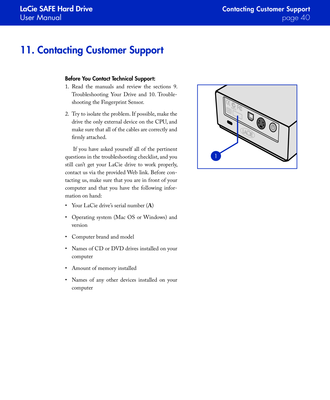 LaCie manual Contacting Customer Support, LaCie SAFE Hard Drive User Manual, page 
