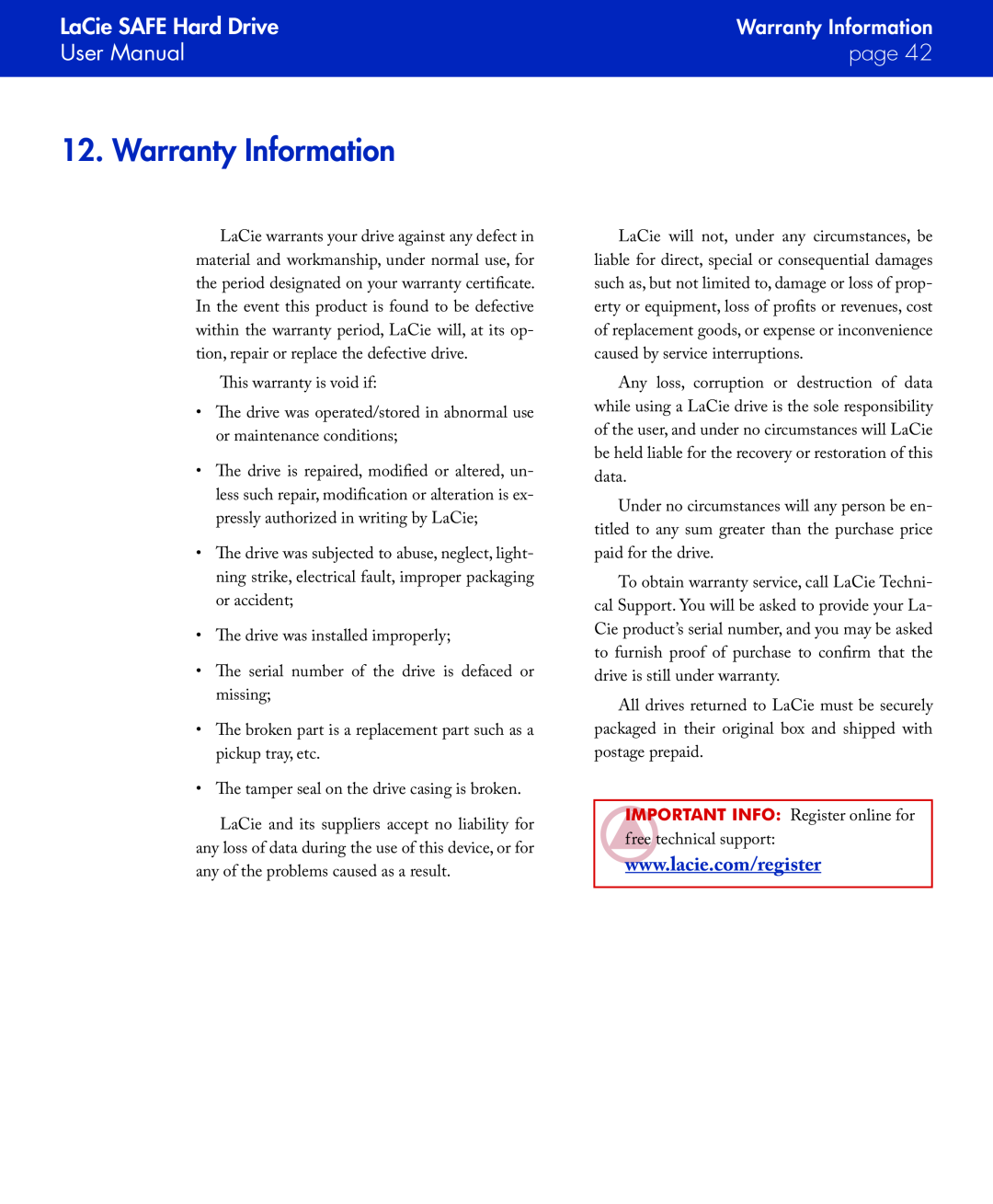 LaCie manual Warranty Information, LaCie SAFE Hard Drive, User Manual, page 