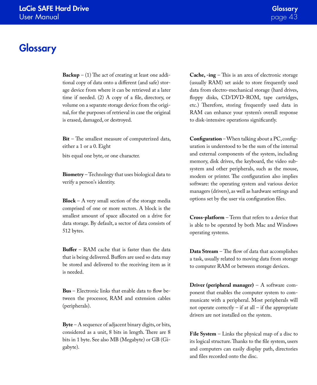 LaCie manual Glossary, LaCie SAFE Hard Drive, User Manual, page 