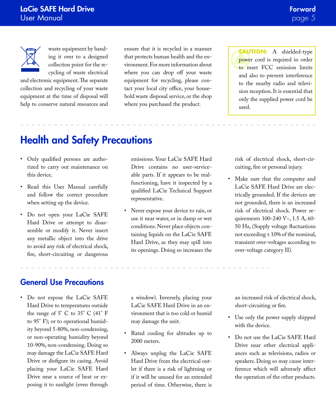 LaCie manual Health and Safety Precautions, General Use Precautions, LaCie SAFE Hard Drive User Manual, page , Forward 
