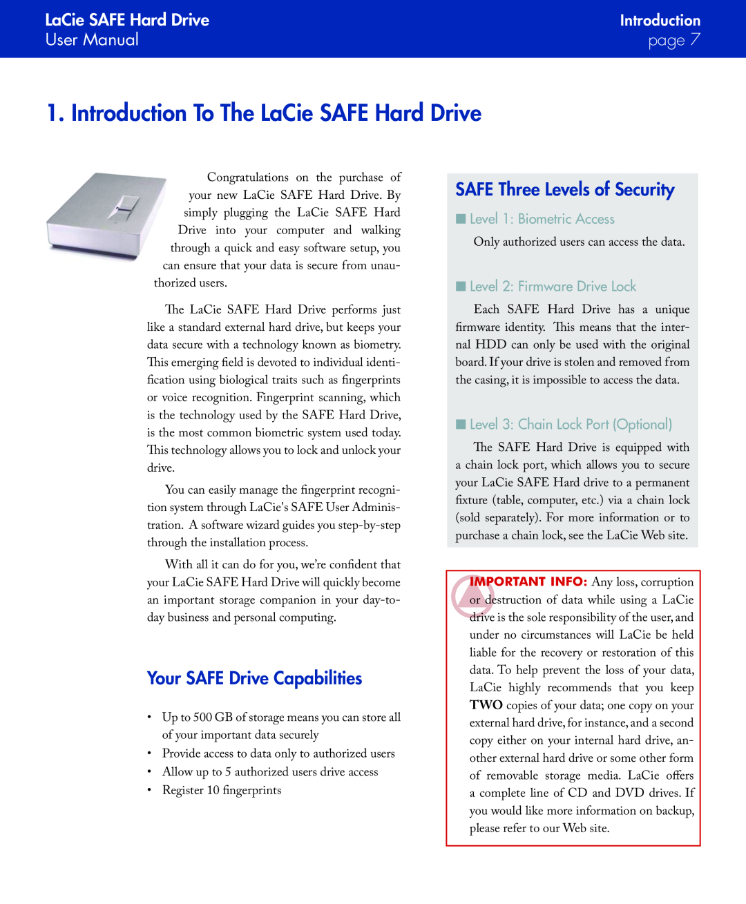 LaCie Introduction To The LaCie SAFE Hard Drive, Your SAFE Drive Capabilities, SAFE Three Levels of Security, page  