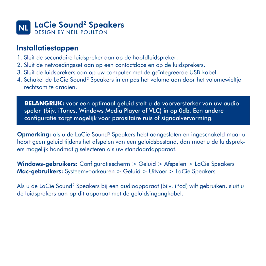 LaCie Sound 2 manual NL LaCie Sound2 Speakers, Installatiestappen 