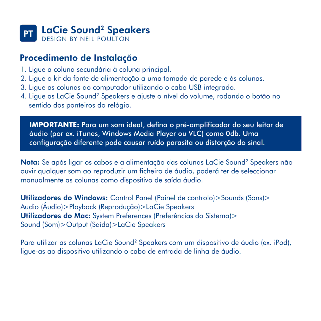 LaCie Sound 2 manual PT LaCie Sound2 Speakers, Procedimento de Instalação 