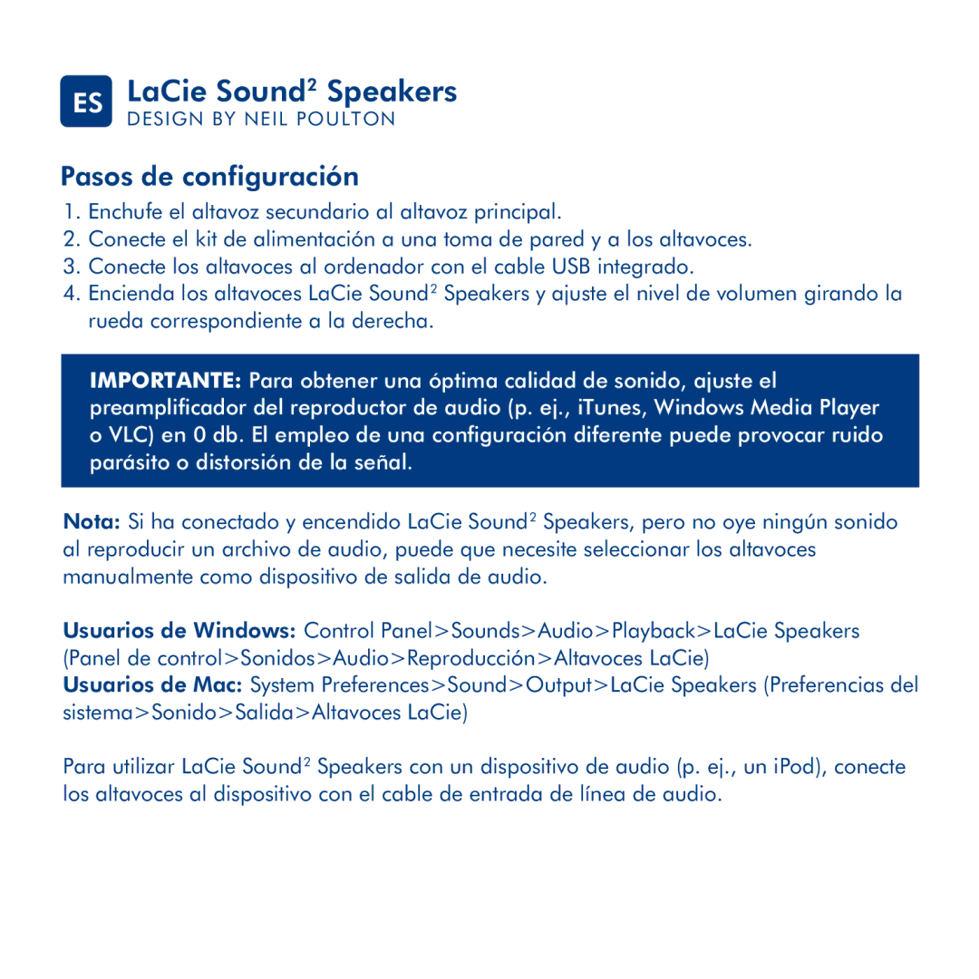 LaCie Sound 2 manual ES LaCie Sound2 Speakers, Pasos de configuración 
