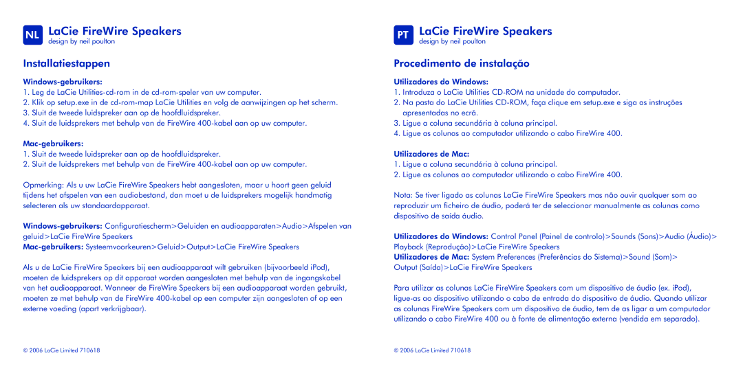 LaCie manual NL LaCie FireWire Speakers, PT LaCie FireWire Speakers, Installatiestappen, Procedimento de instalação 